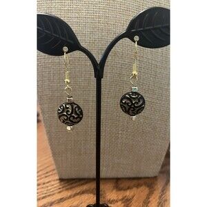 Black And Gold Tone Earrings Beaded Drop Dangle Hook Lightweight Artisan